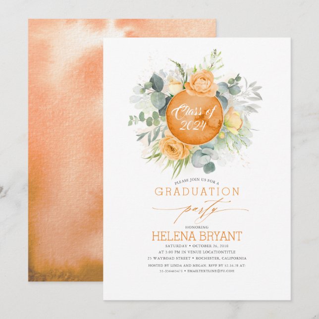 Invitación Flores naranjas Graduación de Wreath Boho Fall (Anverso / Reverso)