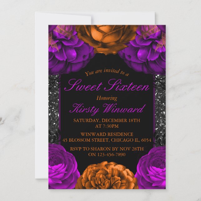 Invitación Flores Naranjas Moradas Halloween Sweet 16 (Anverso)