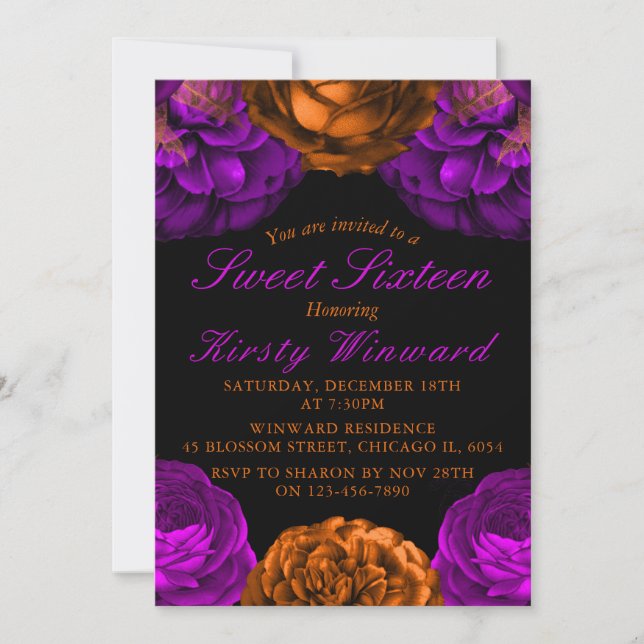Invitación Flores naranjas púrpuras Halloween Sweet 16 (Anverso)