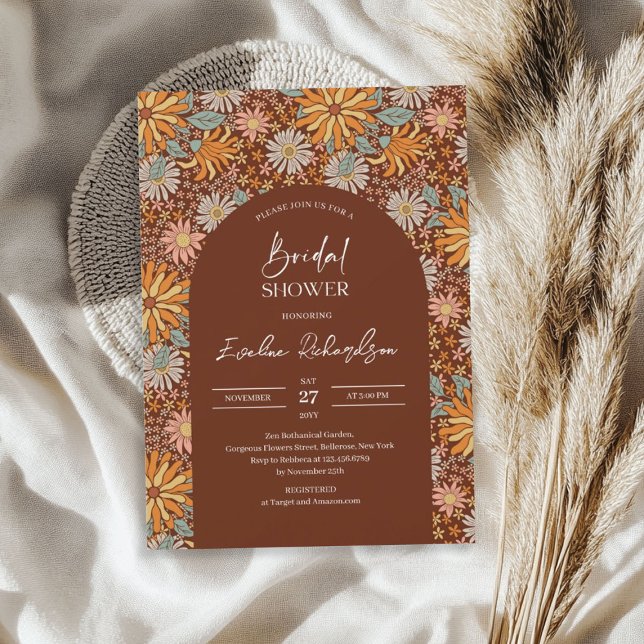 Invitación Flores naranjas rojas del arco del arca del arca d (Retro groovy boho arch crimson red orange flowers invitation)
