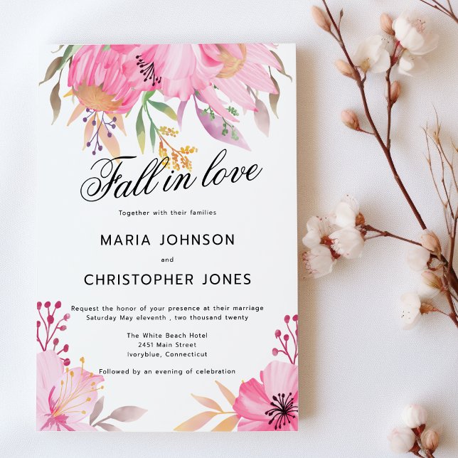 Invitación Flores naranjas rosadas botánicas Caen en el amor  (Botanic pink orange flowers Fall in Love Wedding )