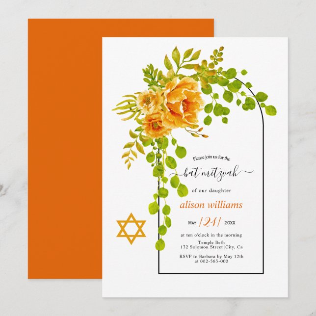 Invitación Flores naranjas y arco floral Bat Mitzvah (Anverso / Reverso)