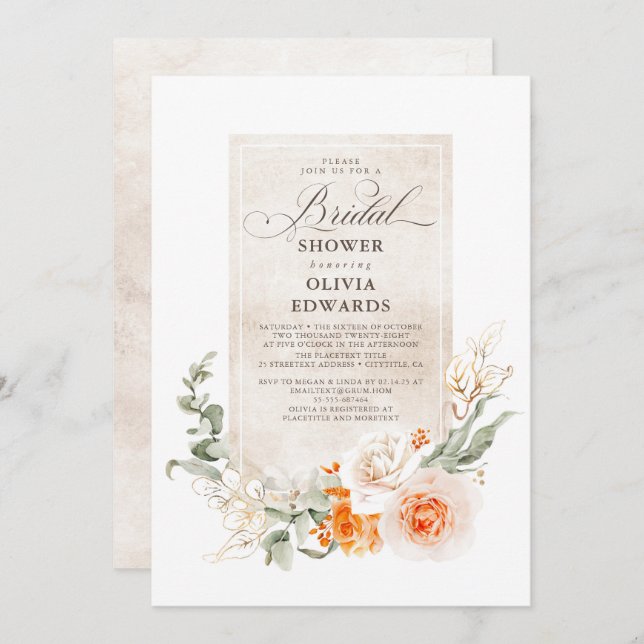Invitación Flores naranjas y blancas, elegante ducha de novia (Anverso / Reverso)