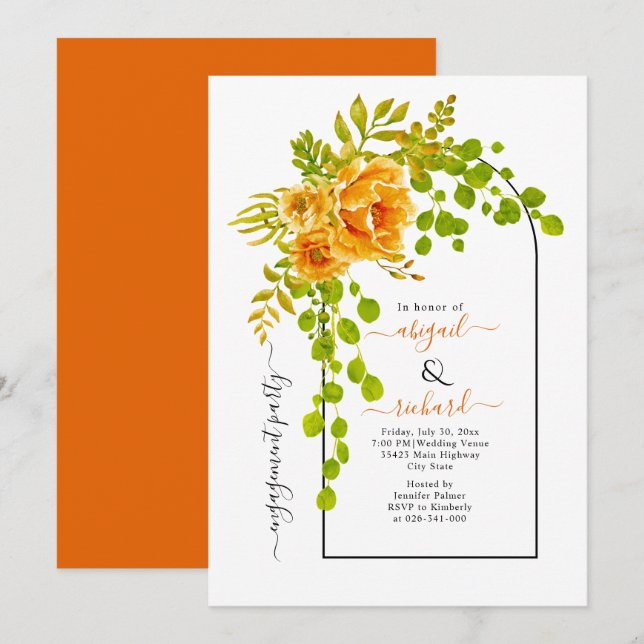 Invitación Flores naranjas y fiesta de compromiso con el arch (Anverso / Reverso)