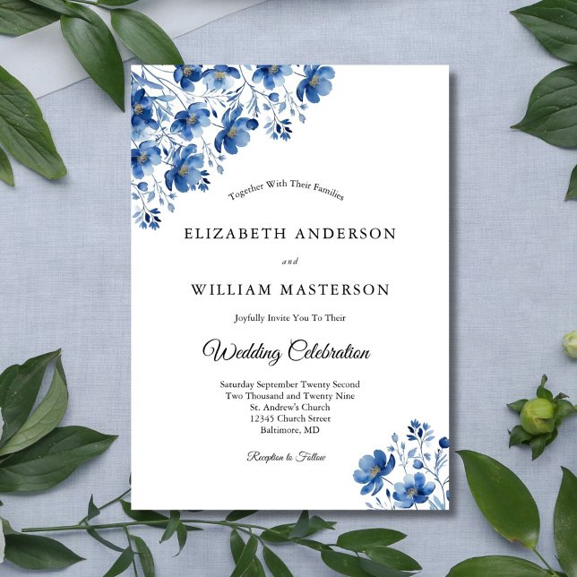 Invitación Flores naturales azul acuarela Elegante Boda moder (Blue Watercolor Wildflowers Floral Elegant Formal Wedding Invitation. Printed or Digital Download)