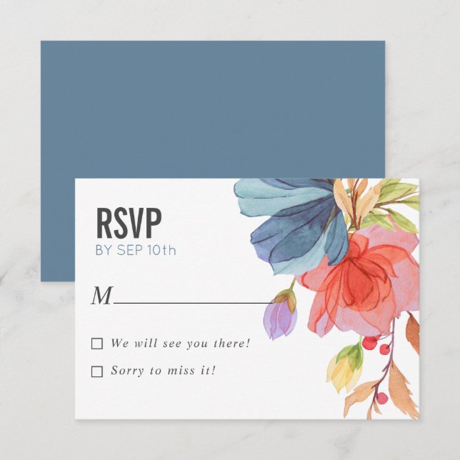 Invitación Flores naturales de agua negrita Boda azul RSVP (Anverso / Reverso)