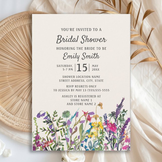 Invitación Flores naturales Flores Florales Moradas Ducha De  (Watercolor wildflower bridal shower invitation)