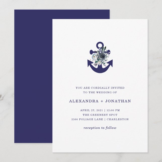 Invitación Flores náuticas | Boda de Anclaje Floral Azul de l (Anverso / Reverso)