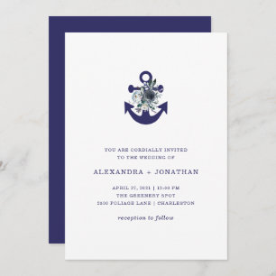 Invitación Flores náuticas   Boda de Anclaje Floral Azul de l