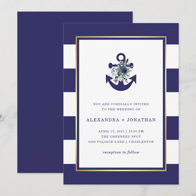 Invitación Flores náuticas | Boda de franja floral azul de la (Anverso / Reverso)