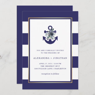 Invitación Flores náuticas   Boda de franja floral azul de la