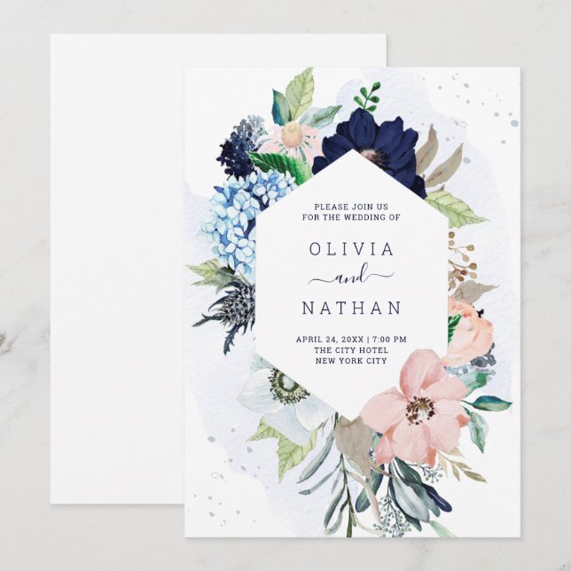 Invitación Flores náuticas: Boda rosa azul y Rubor