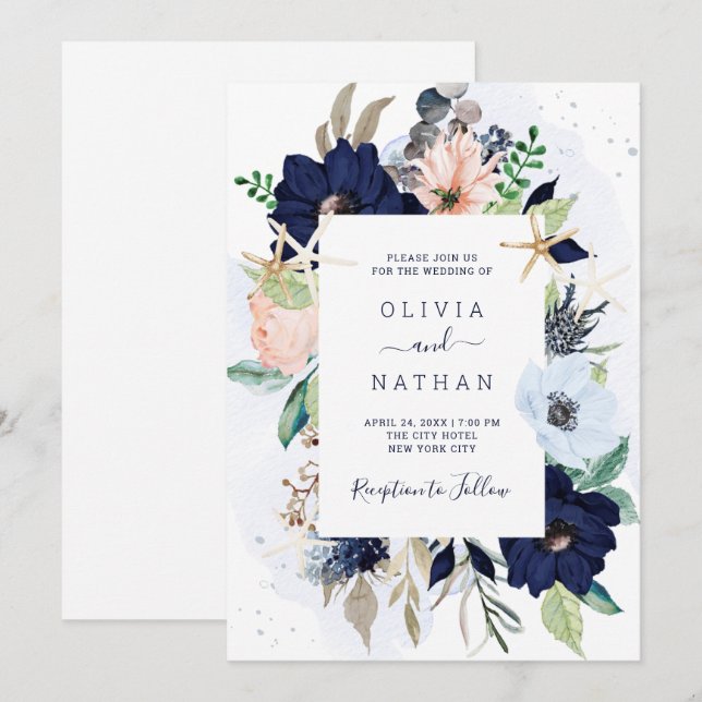 Invitación Flores náuticas: Boda rosa azul y Rubor (Anverso / Reverso)