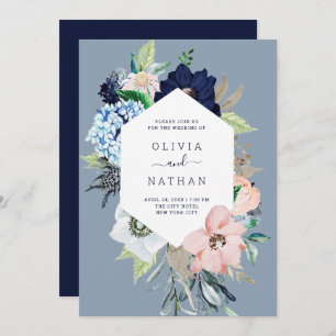 Invitación Flores náuticas: Boda rosa azul y Rubor