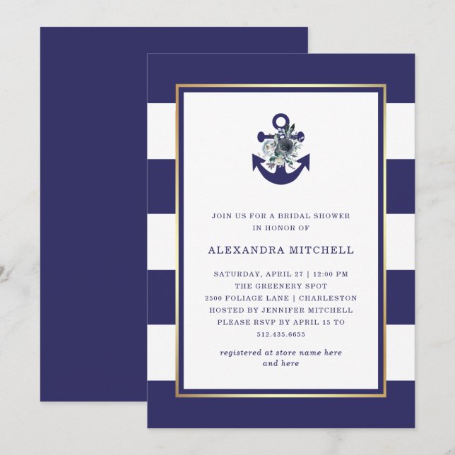 Invitación Flores náuticas | Ducha nupcial floral azul de la  (Anverso / Reverso)