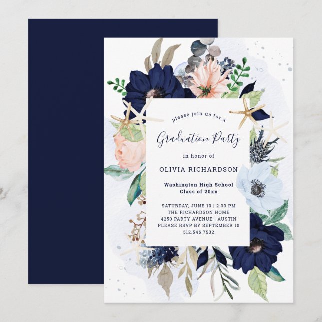Invitación Flores náuticas| Partido de Graduación (Anverso / Reverso)