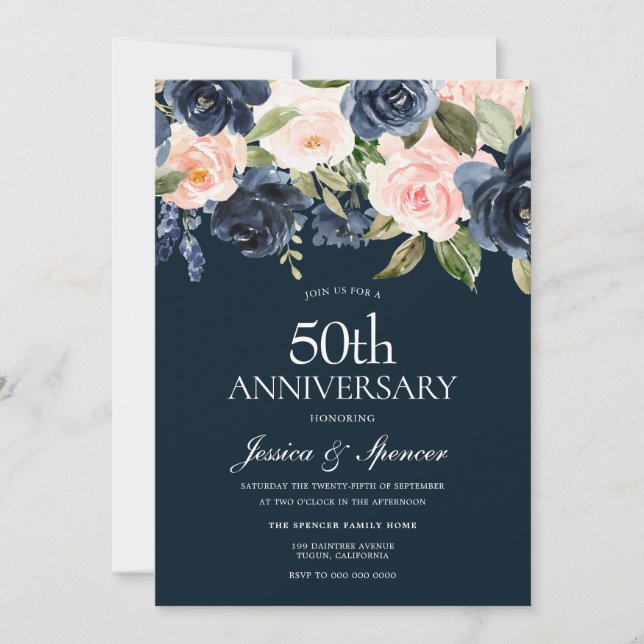 Invitación Flores Navy & Blush 50 Aniversario de Bodas (Anverso)