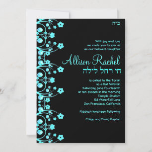 Invitación Flores negras/azules invitan al Bat Mitzvah