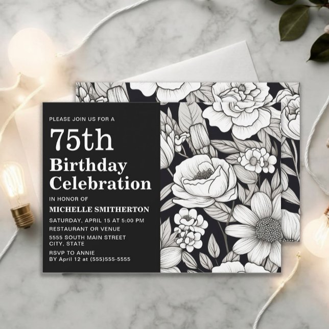 Invitación Flores Negras Blancas Cumpleaños 75 de Mujer (Black and white 75th birthday party invitation)