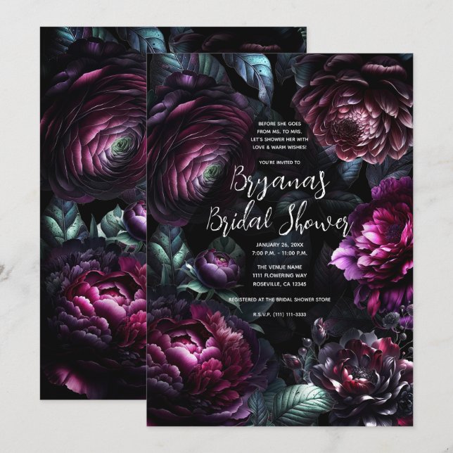 Invitación Flores Negras Encantadas Audaces y Temperamentales (Anverso / Reverso)