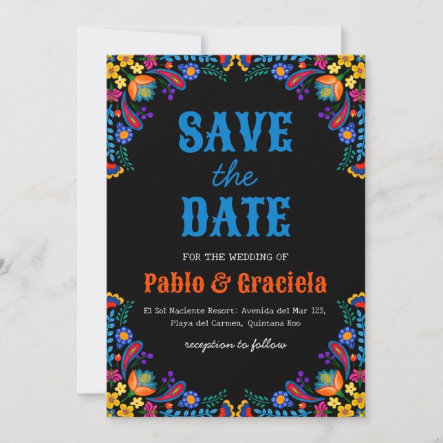 Invitación flores negras mexicanas salvan la fecha (Anverso)