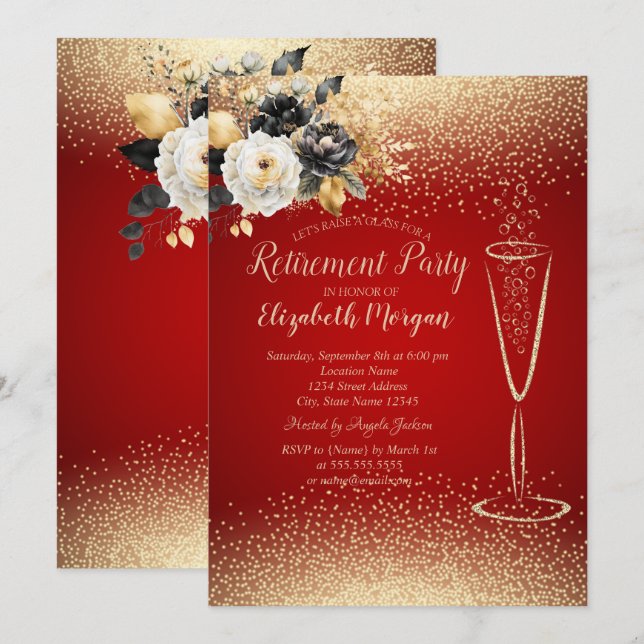 Invitación Flores negras Retirada Roja de Vino Confetti (Anverso / Reverso)