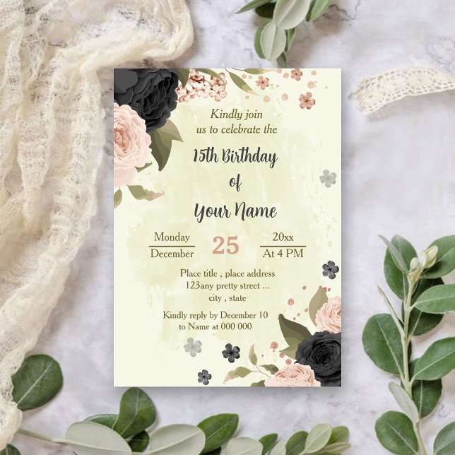 Invitación flores negras rosadas cumpleaños botánico (Subido por el creador)