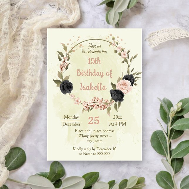 Invitación flores negras rosadas cumpleaños botánico (Subido por el creador)