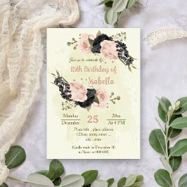 Invitación flores negras rosadas cumpleaños botánico