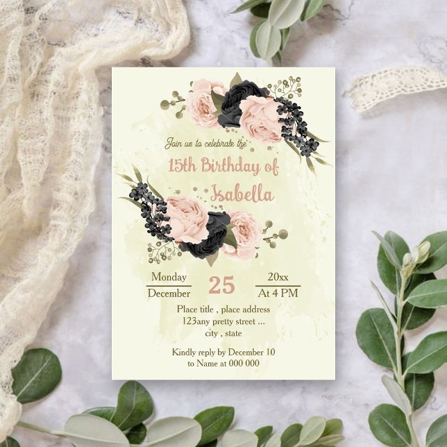 Invitación flores negras rosadas cumpleaños botánico (Subido por el creador)