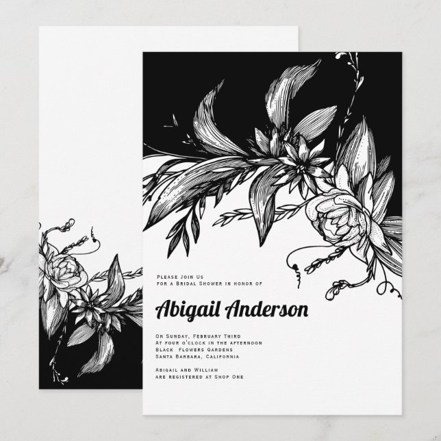 Invitación Flores negras y blancas boda ducha de novia (Anverso / Reverso)