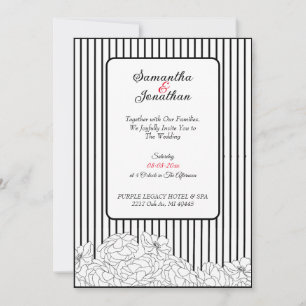 Invitación Flores negras y blancas con Boda de franjas