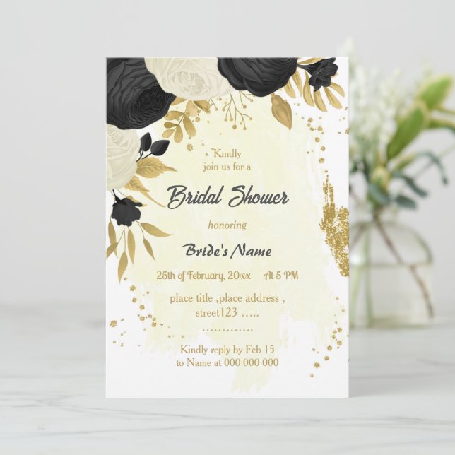 Invitación flores negras y blancas ducha de novia dorada (Anverso de pie)