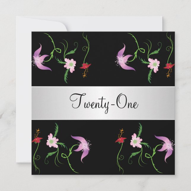 Invitación Flores negras y blancas: Fiesta de cumpleaños 21 (Anverso)
