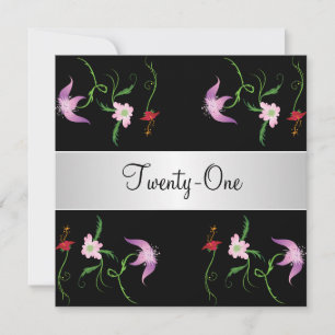 Invitación Flores negras y blancas: Fiesta de cumpleaños 21