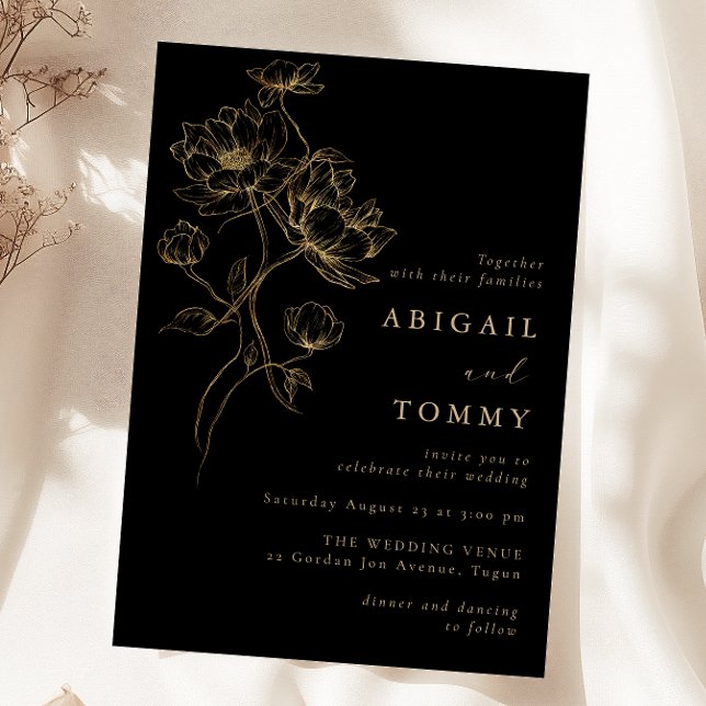 Invitación Flores Negras y Doradas Clásicas Bodas Modernas (Subido por el creador)