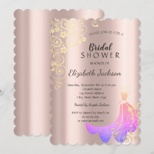 Invitación Flores Negras y Doradas Vestido Rosa Dorada Lluvia