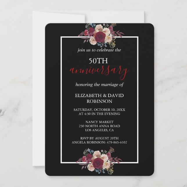 Invitación Flores negras y elegantes 50 años de boda (Anverso)