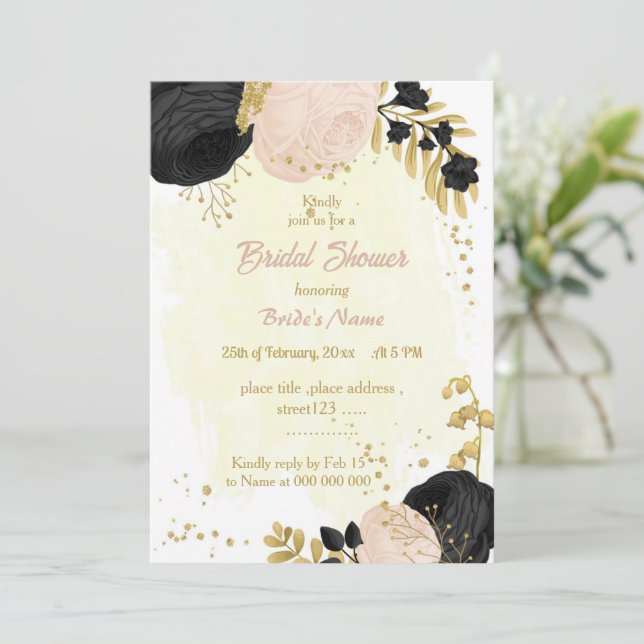 Invitación flores negras y rosas ducha de novia dorada (Anverso de pie)