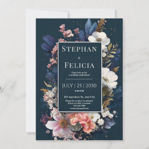 Invitación Flores Nocturnas Navales Rosadas Boda Floral