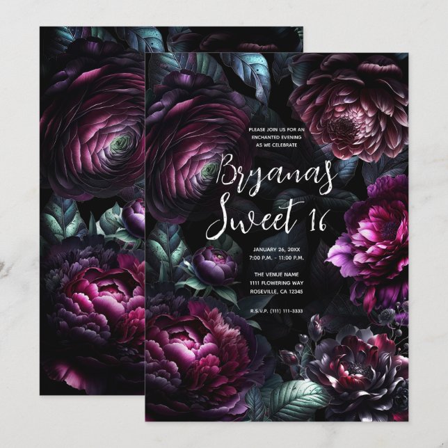 Invitación Flores onduladas florales negras encantadas dulces (Anverso / Reverso)