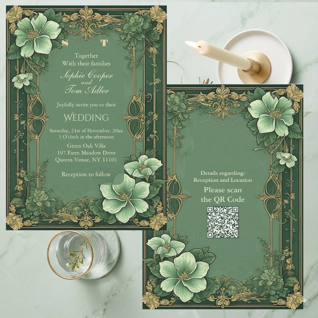 Invitación Flores Opulencia Verde Salvia Boda de Alphonse Muc (Alphonse Mucha Florals Opulence Sage Green Wedding Invitation)