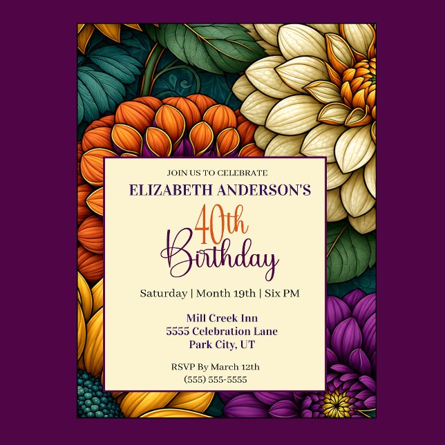 Invitación Flores Opulentas de Otoño Cumpleaños 40 (Opulent Autumn Flowers 40th Birthday Invitation For Women.)