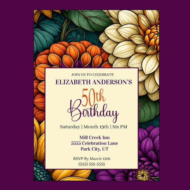 Invitación Flores Opulentas de Otoño Cumpleaños 50 (Opulent Autumn Flowers 50th Birthday Invitation For Women.)
