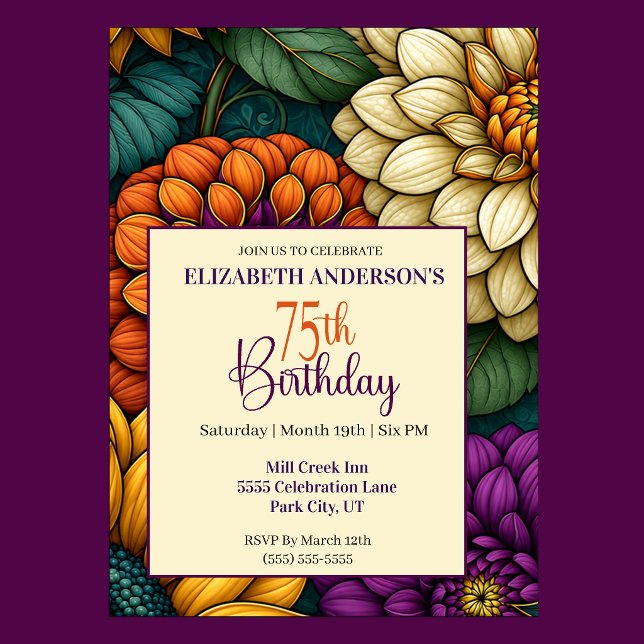 Invitación Flores Opulentas de Otoño Cumpleaños 75 (Opulent Autumn Flowers 75th Birthday Invitation For Women.)