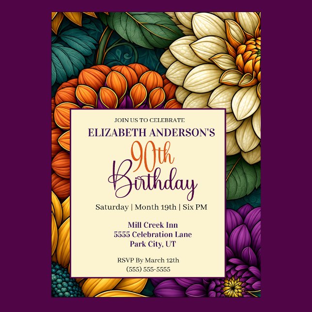 Invitación Flores Opulentas de Otoño Cumpleaños 90 (Opulent Autumn Flowers 90th Birthday Invitation For Women.)
