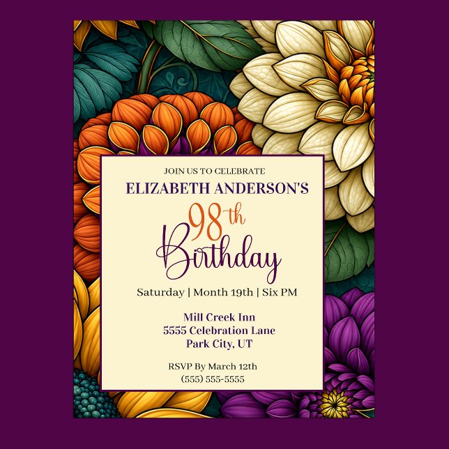 Invitación Flores Opulentas de Otoño Cumpleaños 98 (Opulent Autumn Flowers 98th Birthday Invitation For Women.)