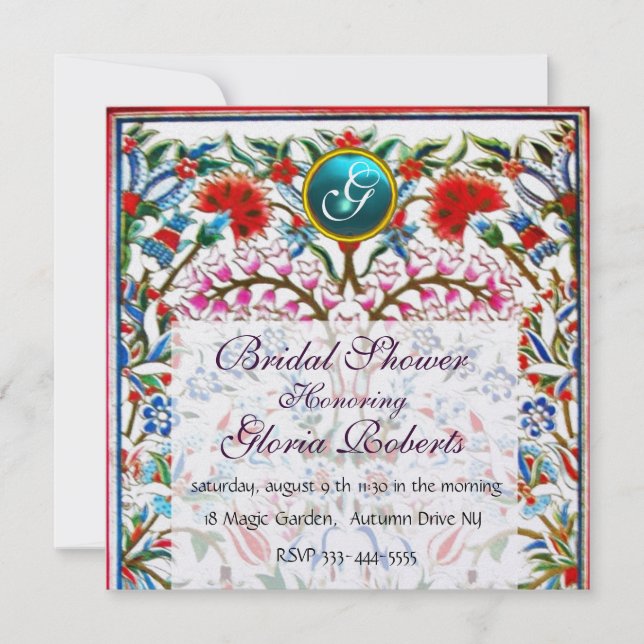 Invitación FLORES ORIENTALES AZULES ROJOS DAMASK MONOGRAM Pea (Anverso)