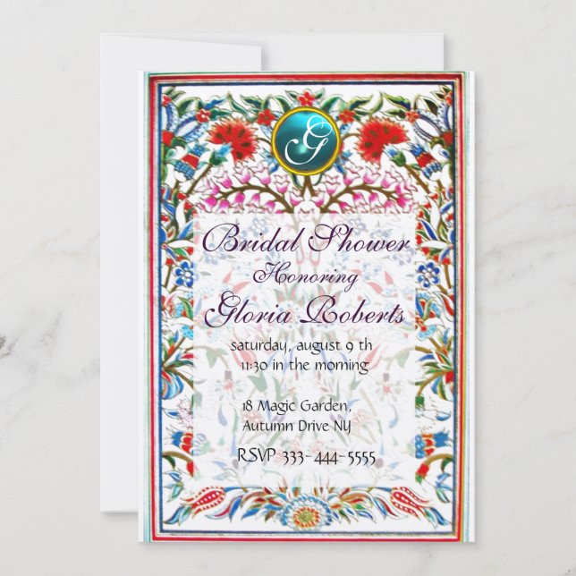 Invitación FLORES ORIENTALES DAMASK GEM MONOGRAM Azul rosa (Anverso)
