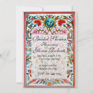 Invitación FLORES ORIENTALES DAMASK GEM MONOGRAM Azul rosa